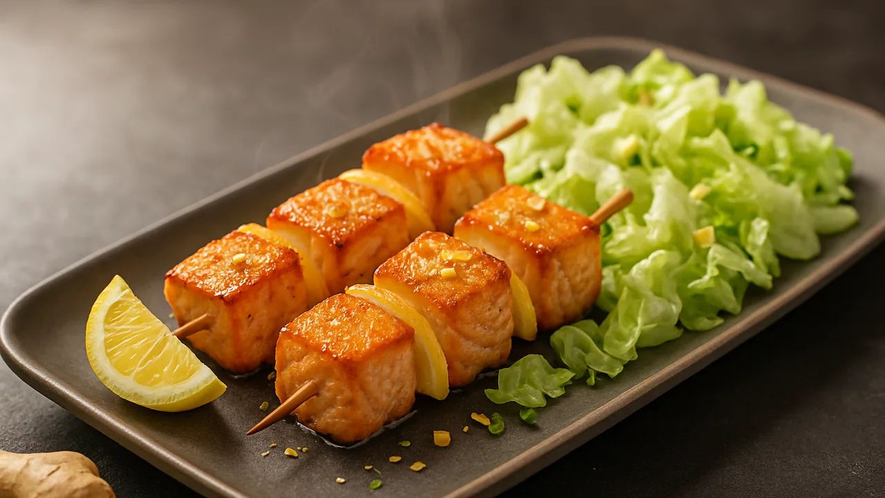 Lachs-Spieße mit Eisbergsalat aus dem Airfryer mit Lachsfilet und Zitrone (Ersatz für Limette), auf dunklem Schiefer …