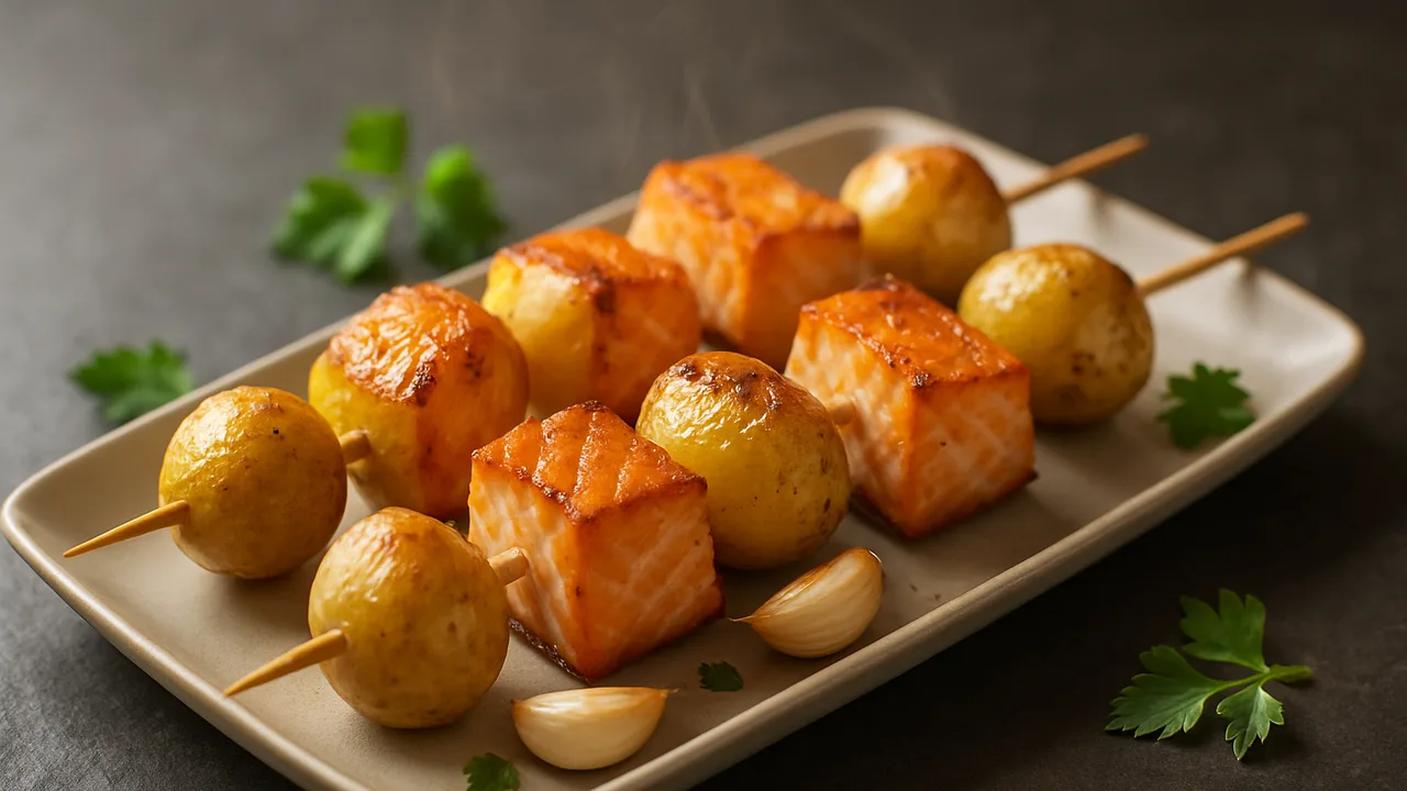 Lachs-Spieße mit Kartoffel aus dem Airfryer mit Lachsfilet und Kartoffeln, auf dunklem Schiefer angerichtet.