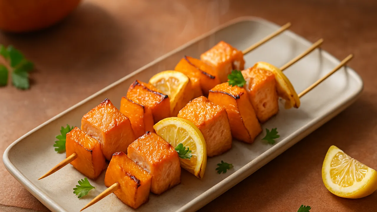 Lachs-Spieße mit Kürbis aus dem Airfryer mit Lachsfilet und Hokkaido-Kürbis, auf Terracotta-Fliesen angerichtet.