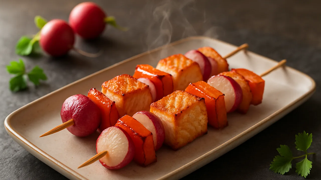Lachs-Spieße mit Radieschen aus dem Airfryer mit Lachsfilet und Radieschen, auf dunklem Schiefer angerichtet.