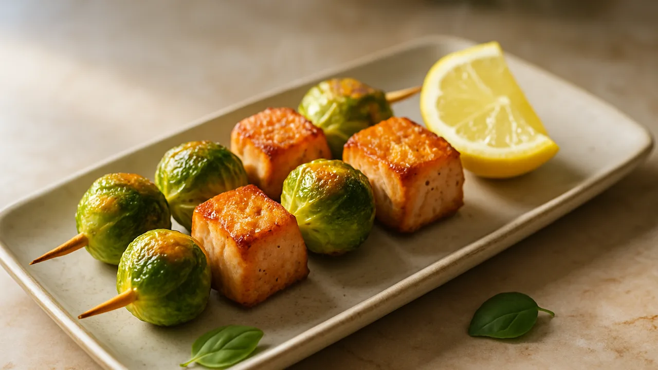 Lachs-Spieße mit Rosenkohl aus dem Airfryer mit Lachsfilet und Rosenkohl, auf beigem Marmor angerichtet.