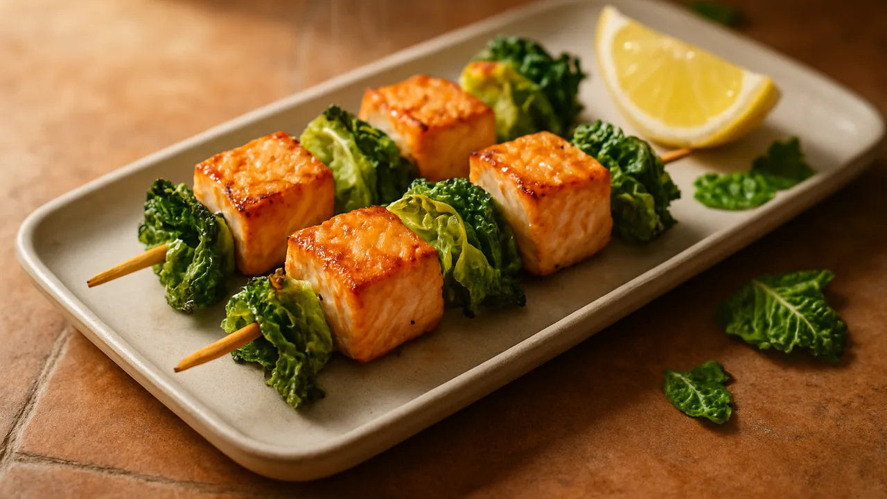 Lachs-Spieße mit Wirsing aus dem Airfryer mit Lachsfilet und Wirsing, auf Terracotta-Fliesen angerichtet.
