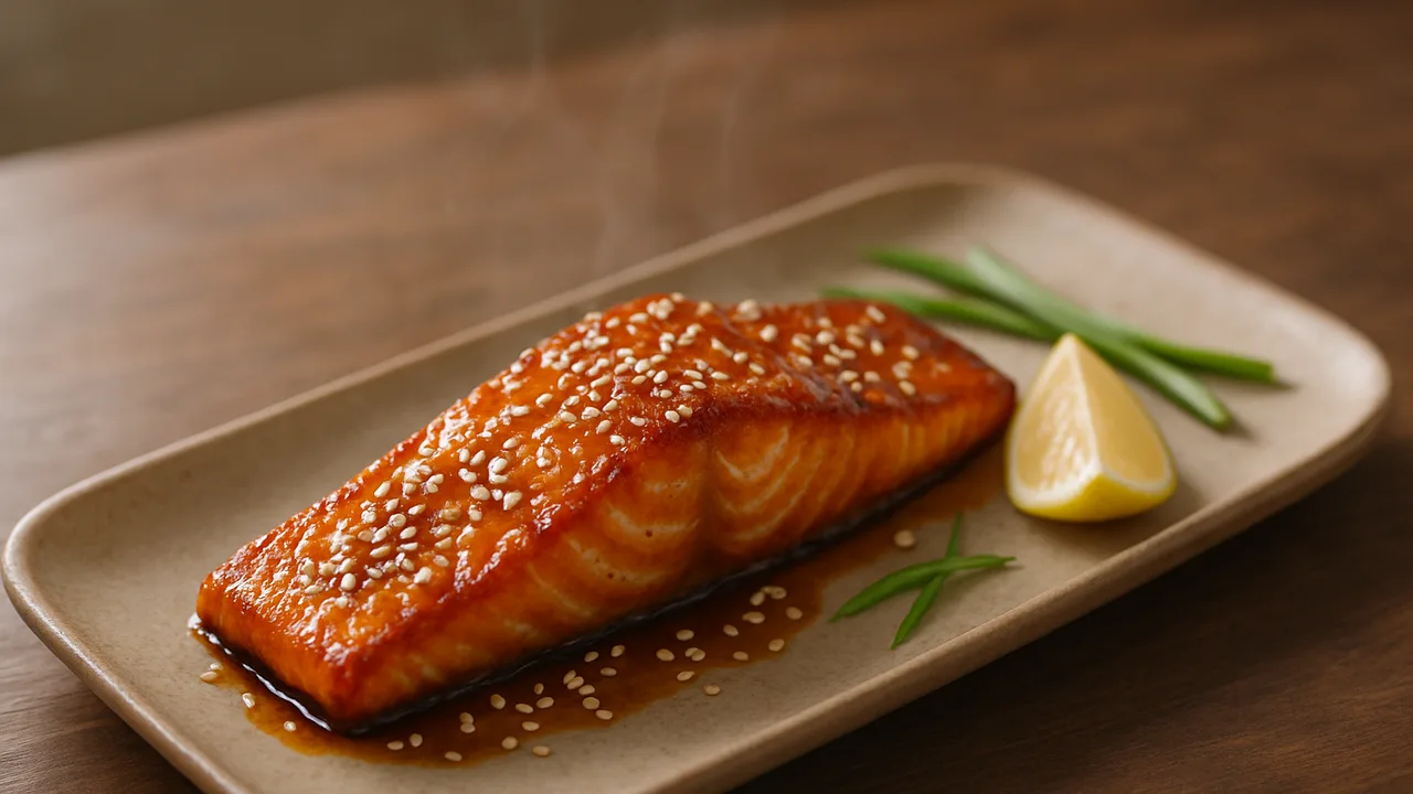 Lachs Teriyaki mit Sesam aus dem Airfryer mit Lachsfilet und Sojasauce, auf dunklem Walnussholz angerichtet.