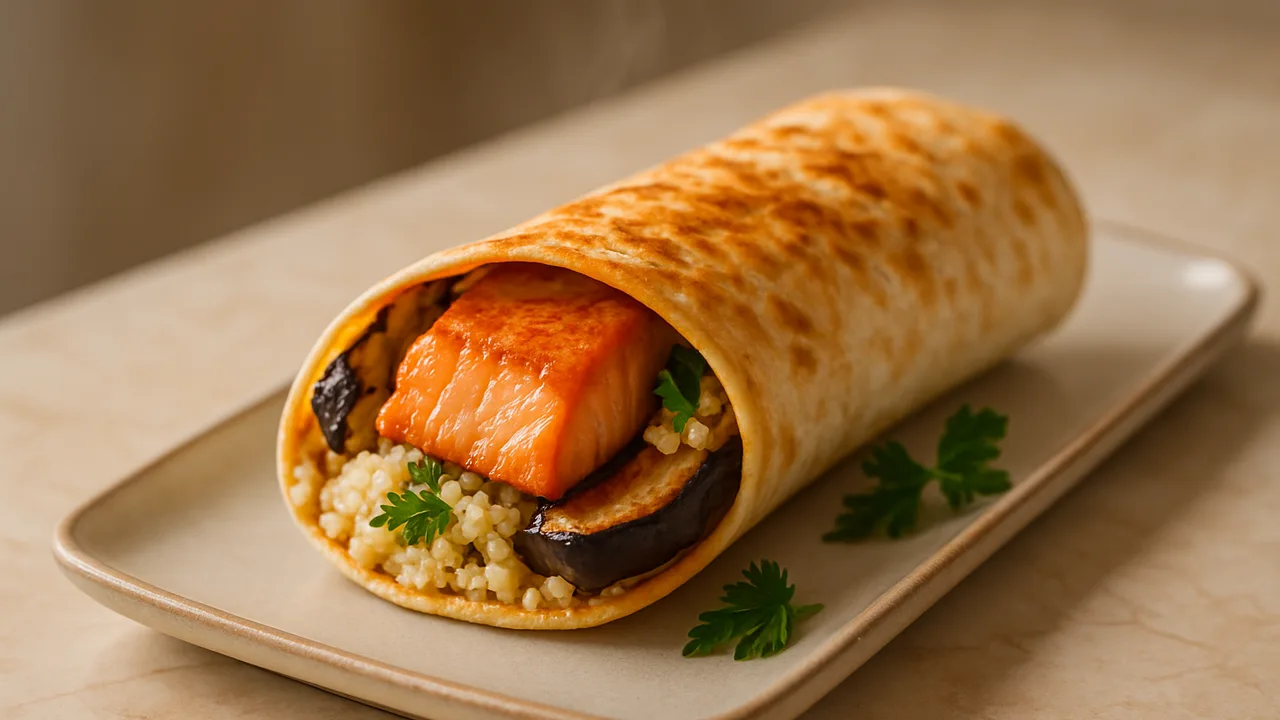 Lachs Wrap mit Aubergine und Couscous aus dem Airfryer mit Lachsfilet und Aubergine, auf beigem Marmor angerichtet.