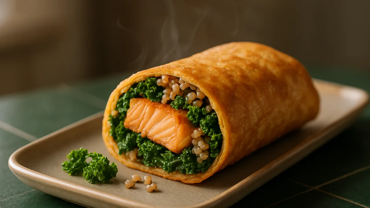 Lachs Wrap mit Grünkohl und Buchweizen aus dem Airfryer mit Lachsfilet und Grünkohl, auf dunkelgrünen Fliesen angerichtet.
