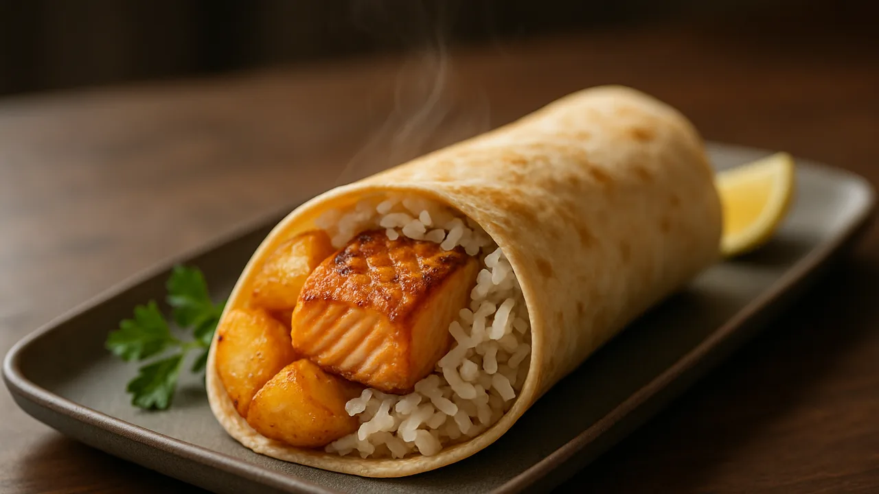 Lachs Wrap mit Kartoffel und Reis aus dem Airfryer mit Lachsfilet und Kartoffeln, auf dunklem Walnussholz angerichtet.