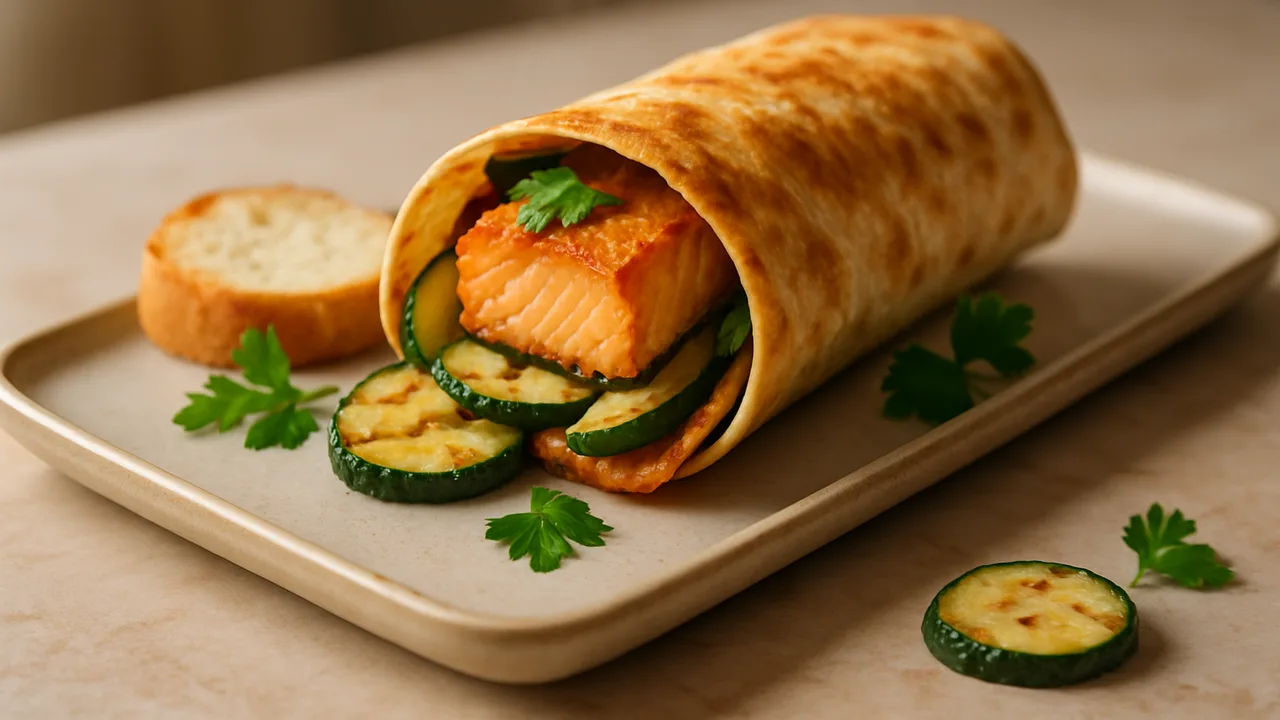 Lachs Wrap mit Zucchini und Brot aus dem Airfryer mit Lachsfilet und Zucchini, auf beigem Marmor angerichtet.