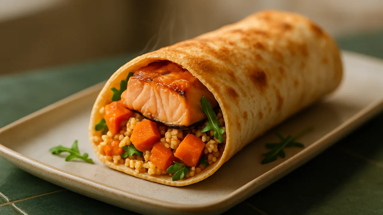 Lachs Wrap mit Süßkartoffel und Couscous aus dem Airfryer mit Lachsfilet und Süßkartoffel, auf dunkelgrünen Fliesen …