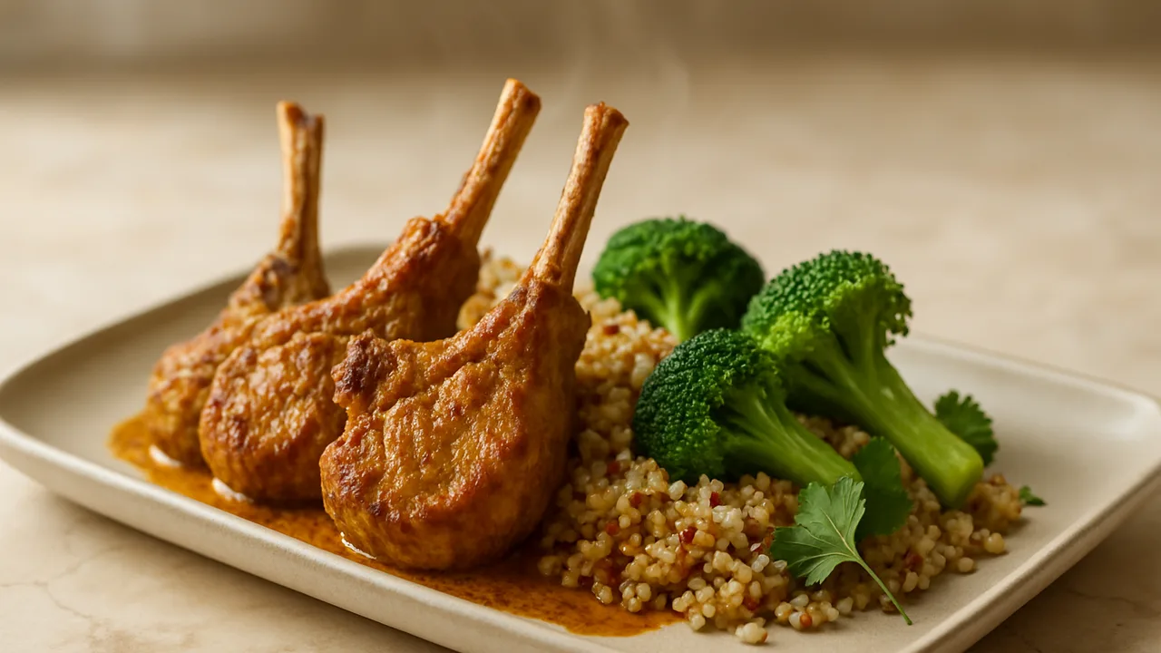 Lammkotelett Curry mit Brokkoli und Quinoa aus dem Airfryer mit Lammkoteletts und Brokkoli, auf beigem Marmor angerichtet.