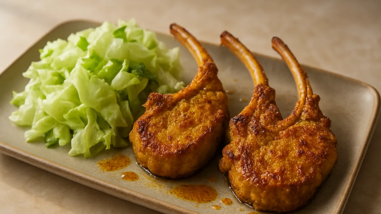 Lammkotelett Curry mit Eisbergsalat aus dem Airfryer mit Lammkoteletts und Currypulver, auf beigem Marmor angerichtet.
