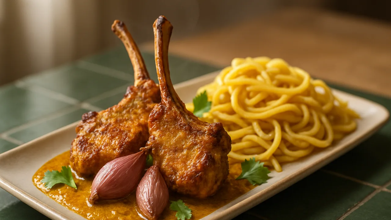 Lammkotelett Curry mit Schalotte und Nudeln aus dem Airfryer mit Lammkoteletts und Schalotten, auf dunkelgrünen Fliesen …
