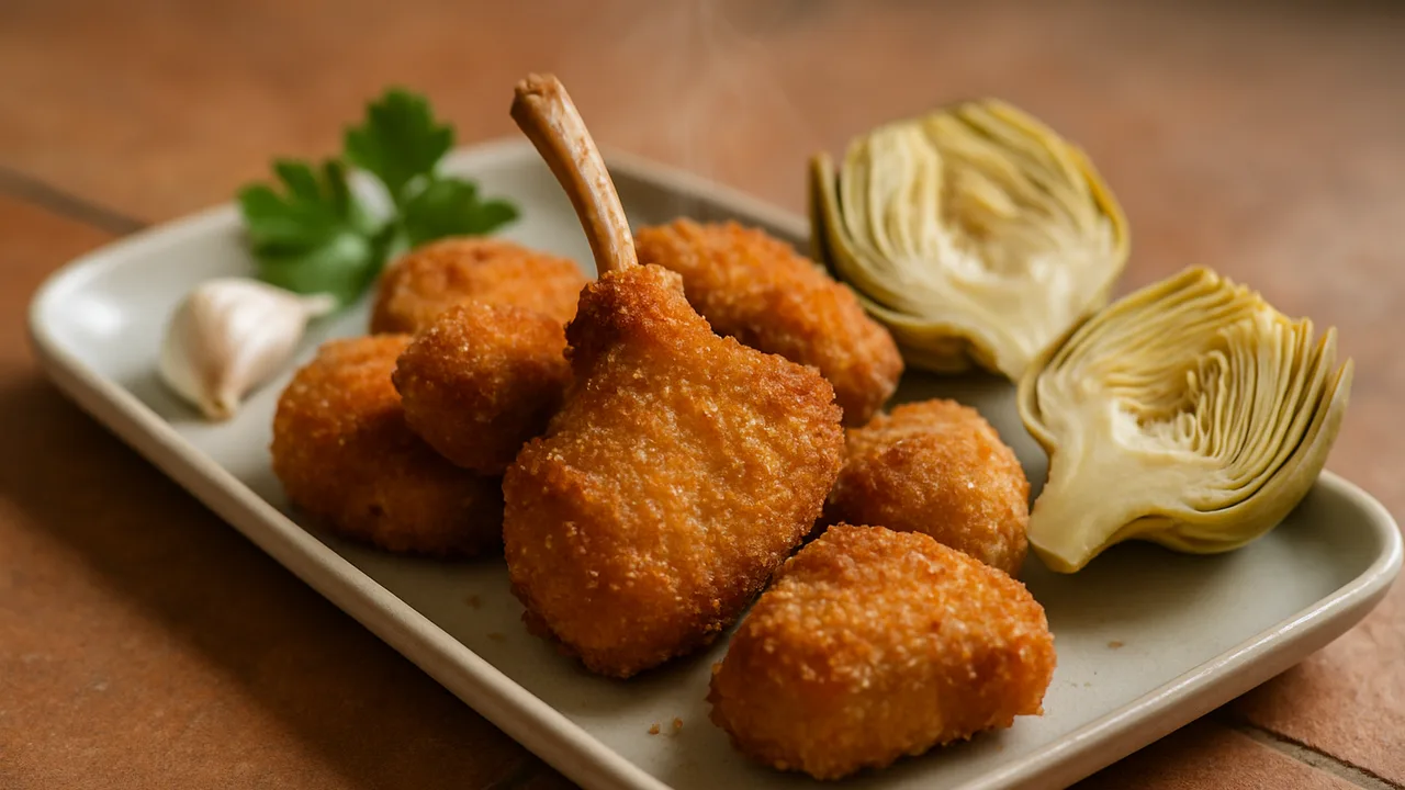 Lammkotelett Nuggets mit Artischocke aus dem Airfryer mit Lammkotelett und Ei, auf Terracotta-Fliesen angerichtet.
