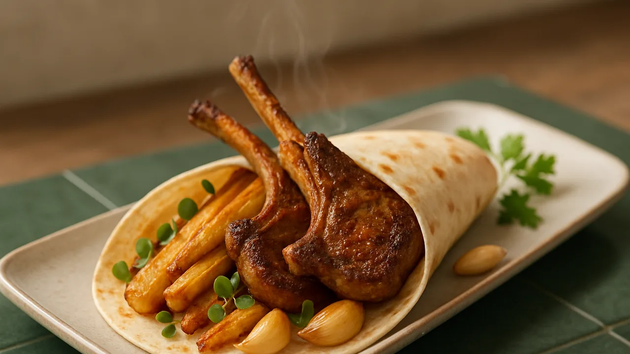 Lammkotelett-Pastinake Wrap aus dem Airfryer mit Lammkoteletts und Pastinake, auf dunkelgrünen Fliesen angerichtet.