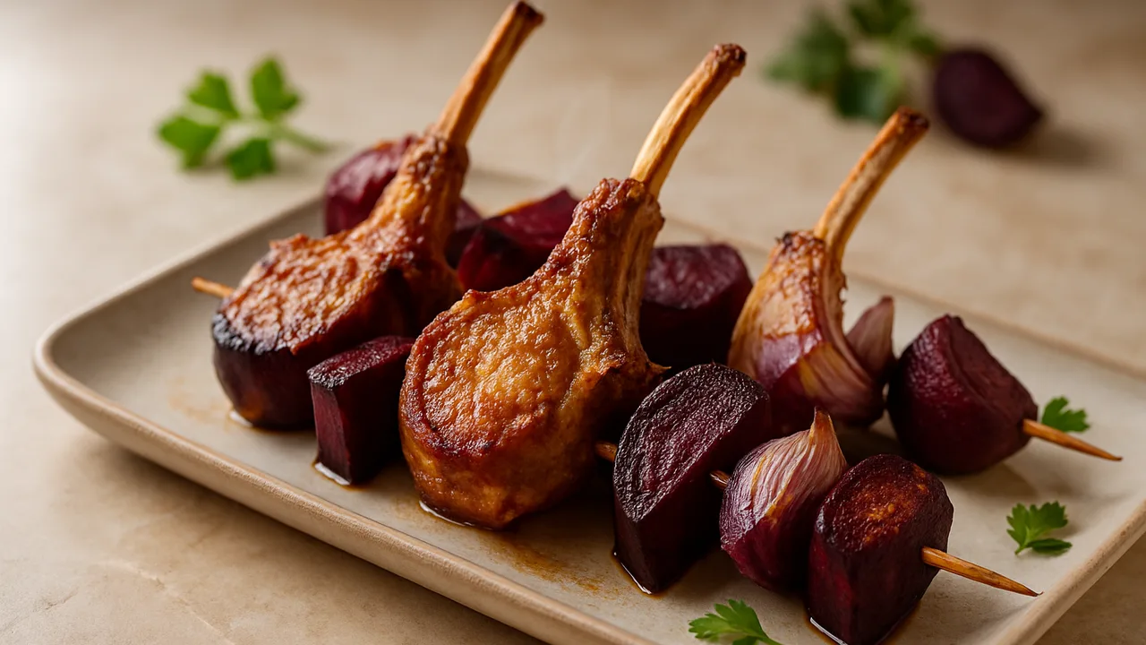 Lammkotelett-Spieße mit Rote Bete aus dem Airfryer mit Lammkotelett und Rote Bete, auf beigem Marmor angerichtet.