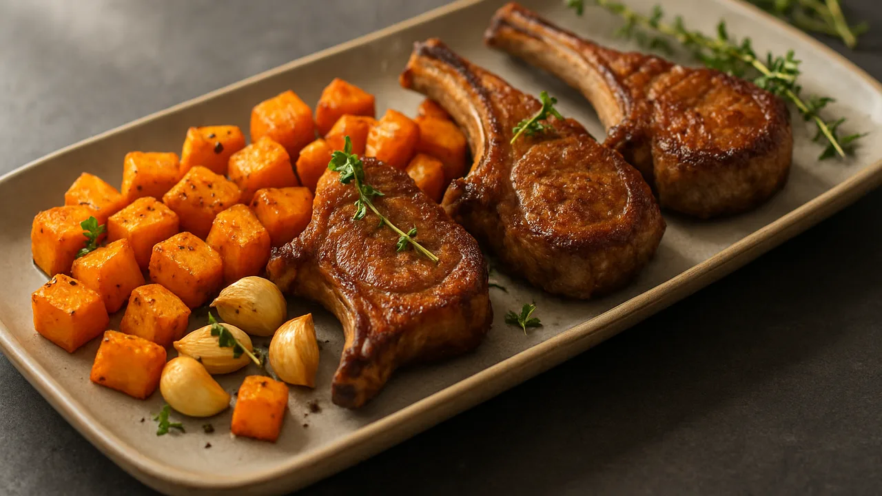 Lammkotelett-Süßkartoffel-Pfanne aus dem Airfryer mit Lammkoteletts und Süßkartoffel, auf dunklem Schiefer angerichtet.