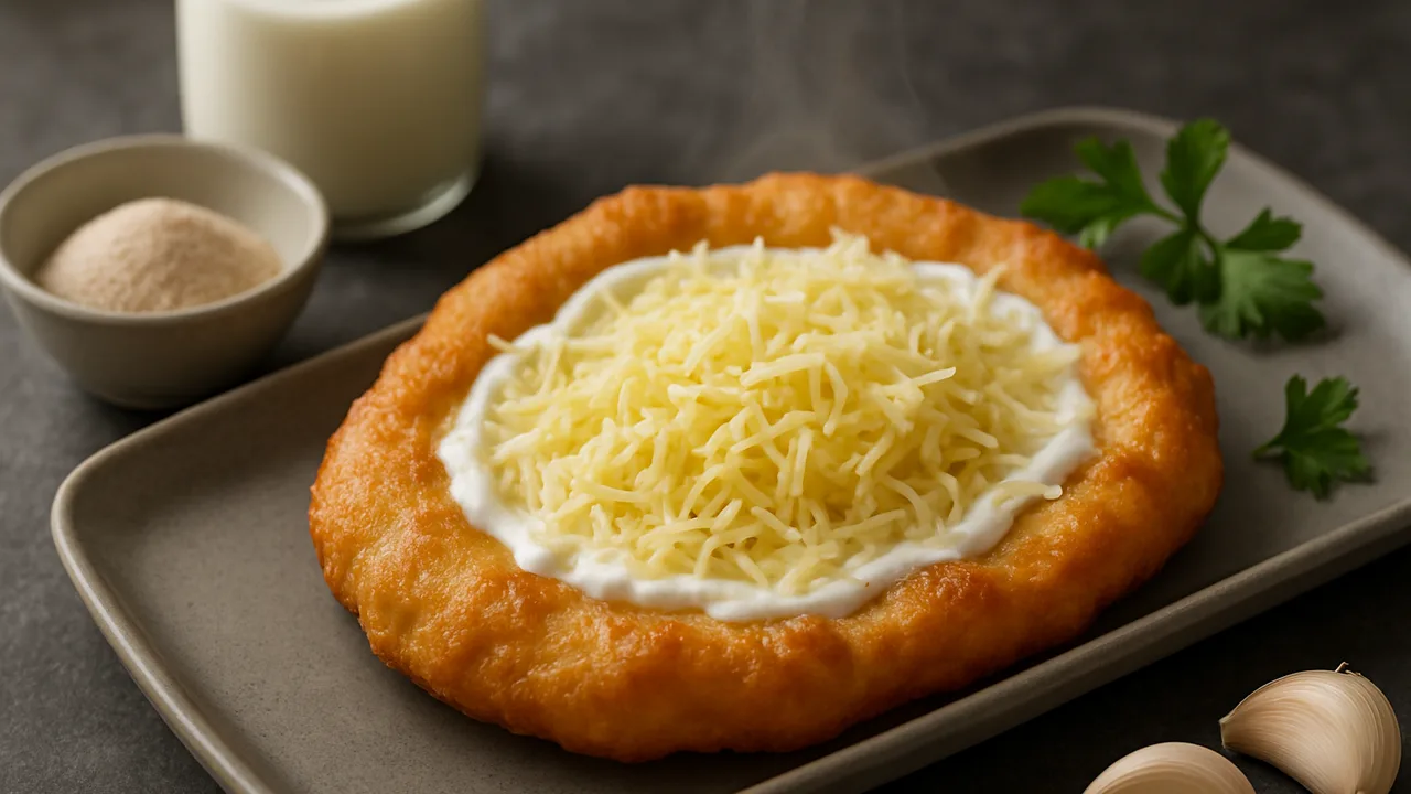 Langos mit Knoblauch, Schmand und Käse aus dem Airfryer mit Trockenhefe und Milch, auf dunklem Schiefer angerichtet.