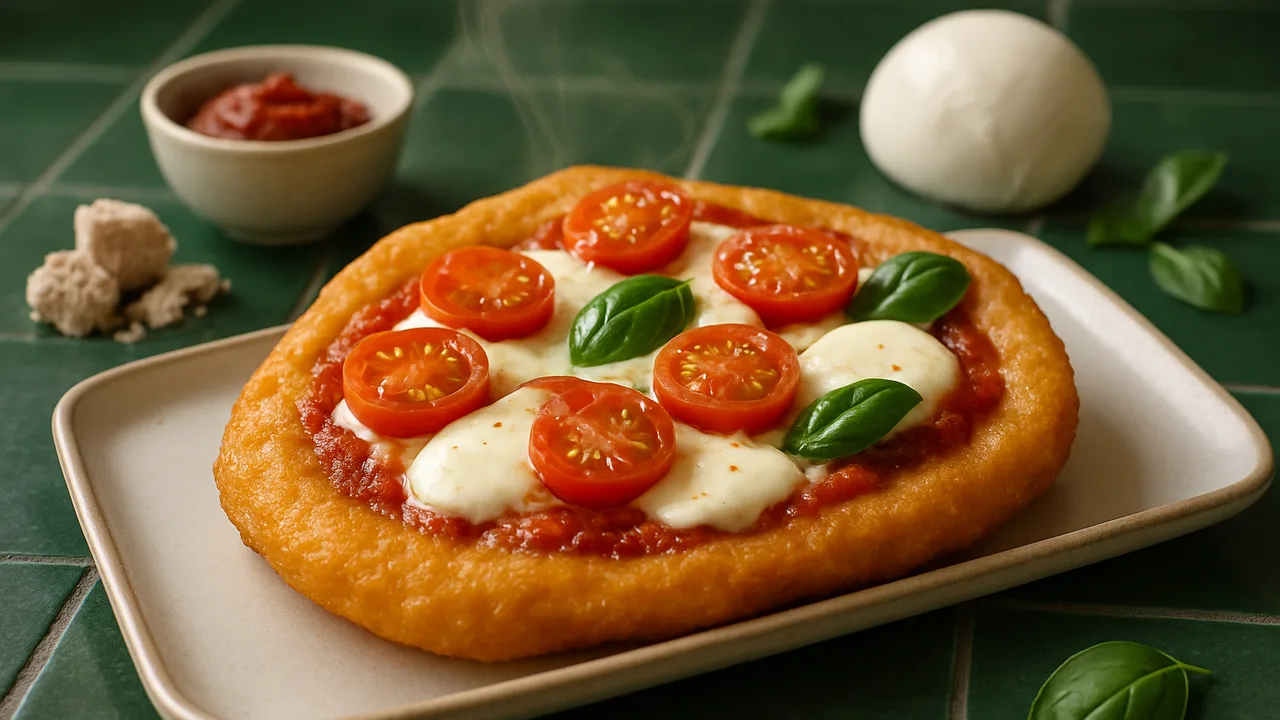 Langos nach Pizza-Art mit Tomate und Mozzarella aus dem Airfryer mit Trockenhefe und Tomatenmark, auf dunkelgrünen Fliesen …