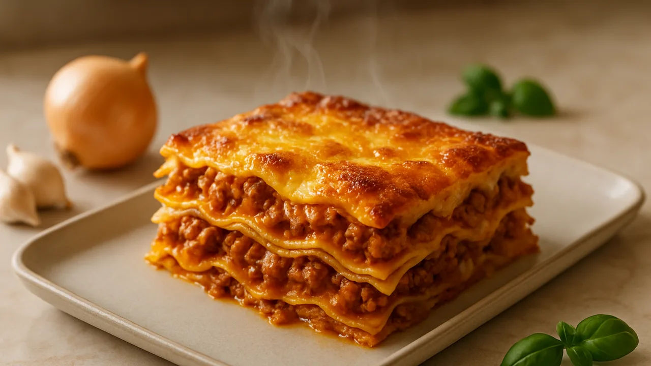 Lasagne klassisch mit Bolognese aus dem Airfryer mit Gemischtes Hackfleisch und Zwiebel, auf beigem Marmor angerichtet.