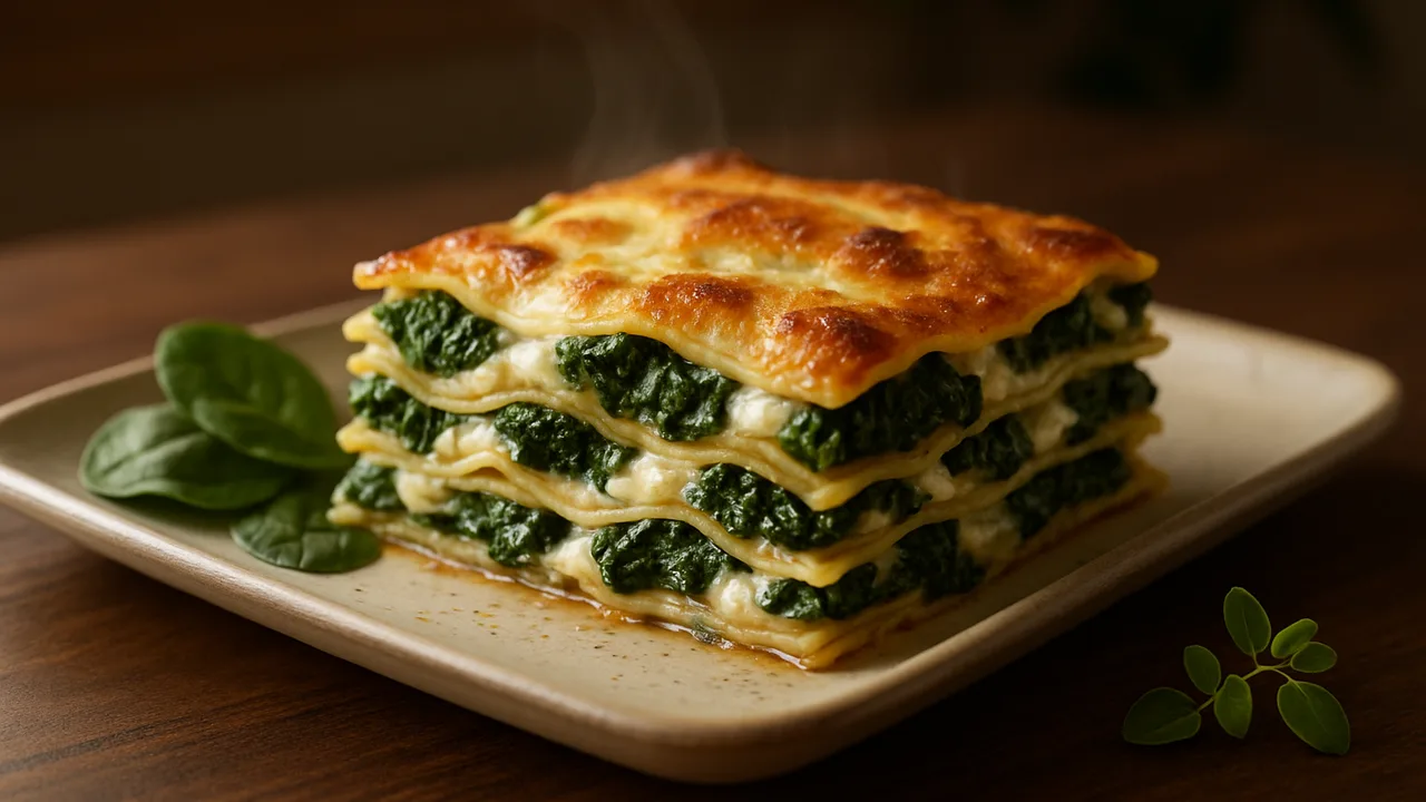 Lasagne mit Spinat und Frischkäse aus dem Airfryer mit Lasagneplatten und Spinat, auf dunklem Walnussholz angerichtet.