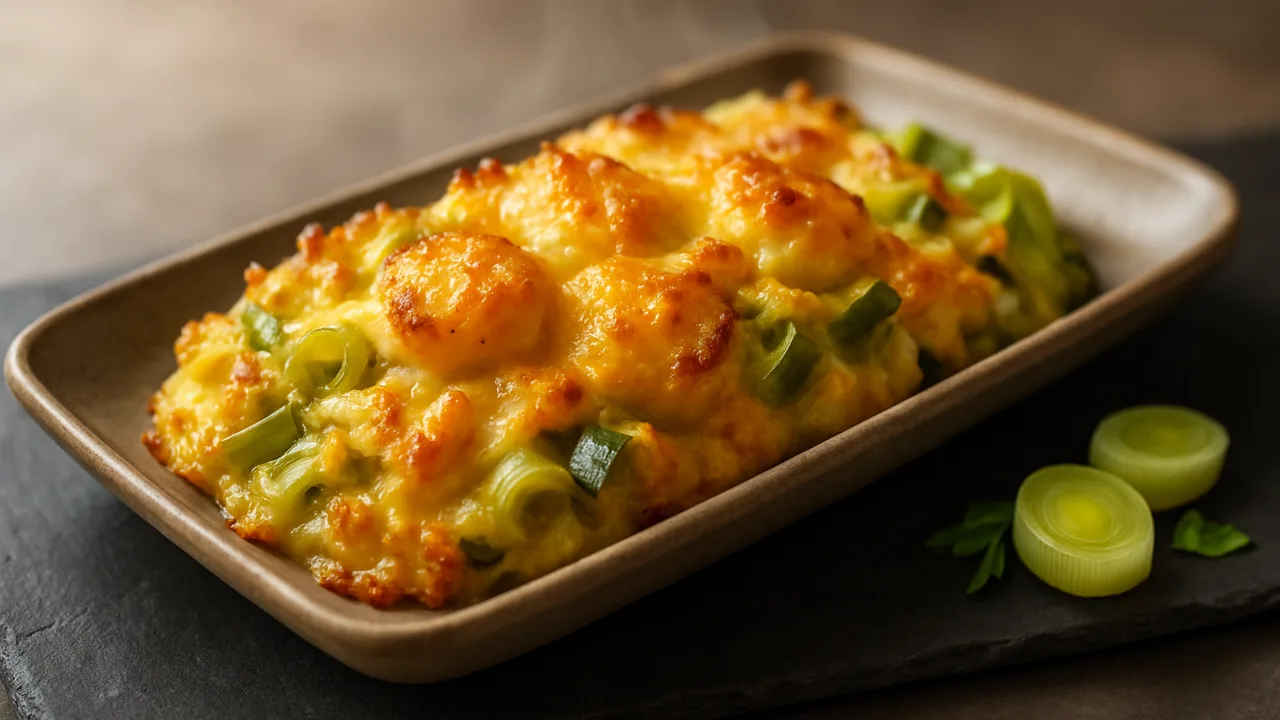 Lauch-Cheddar-Auflauf aus dem Airfryer mit Lauch und Jakobsmuscheln, auf dunklem Schiefer angerichtet.