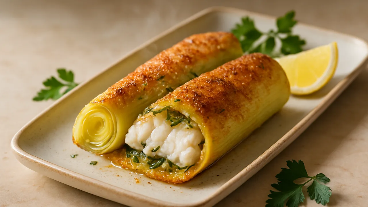 Lauch gefüllt mit Zander und Kräutern aus dem Airfryer mit Lauchstangen und Zanderfilet, auf beigem Marmor angerichtet.