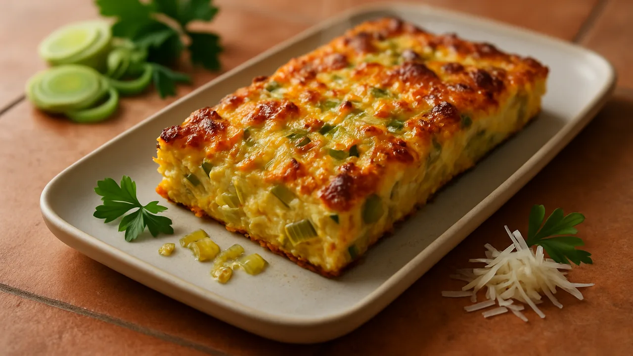 Lauch-Parmesan-Auflauf aus dem Airfryer mit Lauch und Parmesan, auf Terracotta-Fliesen angerichtet.