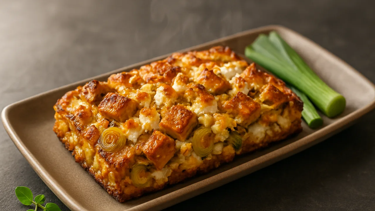 Lauch-Tempeh Auflauf aus dem Airfryer mit Tempeh und Lauch, auf dunklem Schiefer angerichtet.