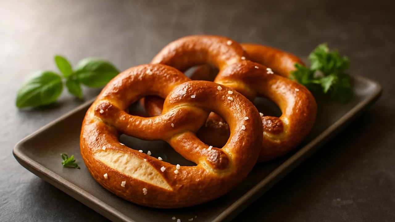 Laugenbrezel aufbacken mit Salz aus dem Airfryer mit Laugenbrezeln (vorgebacken oder TK), auf dunklem Schiefer angerichtet.