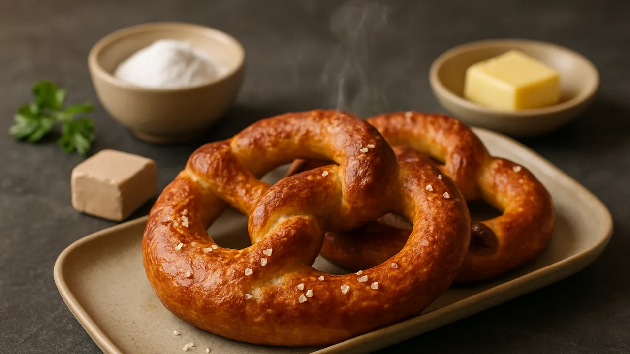 Laugenbrezeln selber machen mit Natron aus dem Airfryer mit Frische Hefe und Butter, auf dunklem Schiefer angerichtet.