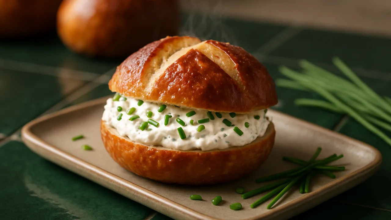 Laugenbrötchen gefüllt mit Frischkäse und Schnittlauch aus dem Airfryer mit Laugenbrötchen und Frischkäse, auf dunkelgrünen …