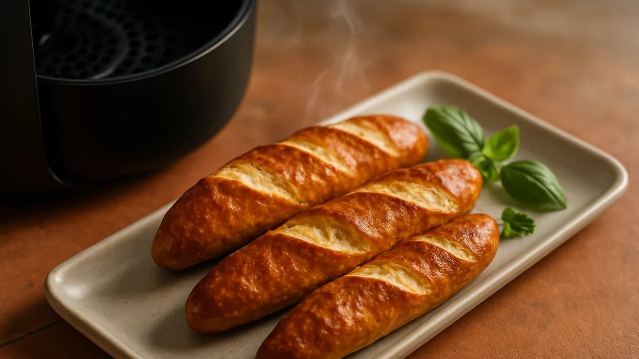 Laugenstangen im Airfryer aufbacken mit Laugenstangen, auf Terracotta-Fliesen angerichtet.