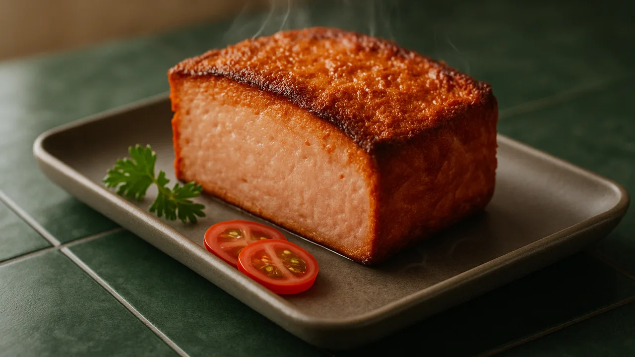 Leberkäse aus dem Airfryer – knusprige Kruste mit Leberkäse, auf dunkelgrünen Fliesen angerichtet.