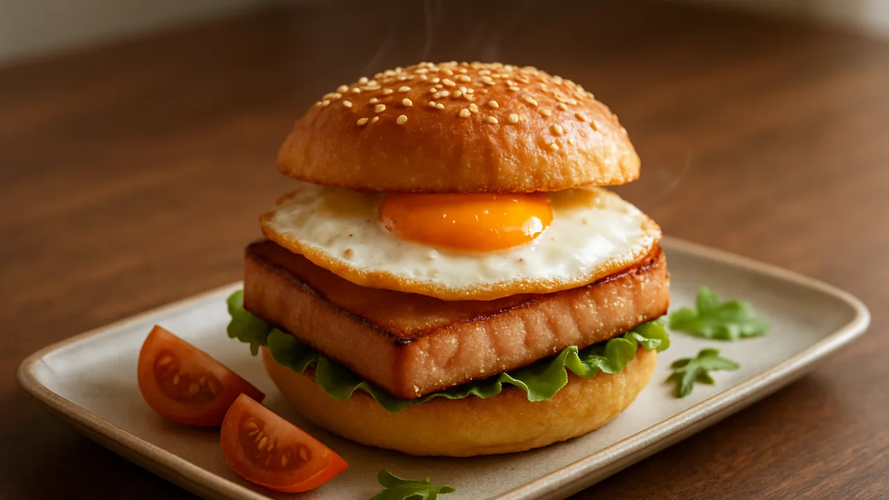 Leberkäse-Burger mit Spiegelei aus dem Airfryer mit Leberkäse und Burger-Brötchen, auf dunklem Walnussholz angerichtet.