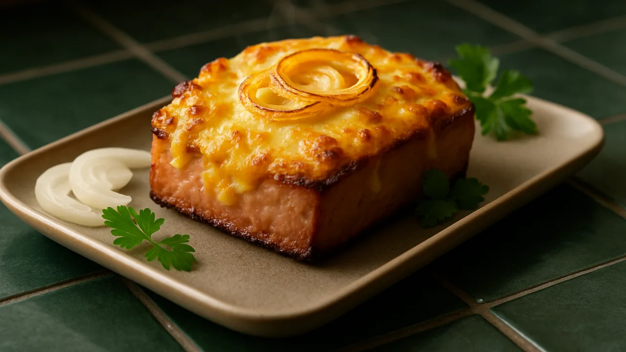 Leberkäse überbacken mit Käse und Zwiebeln aus dem Airfryer mit Leberkäse und Gouda, auf dunkelgrünen Fliesen angerichtet.