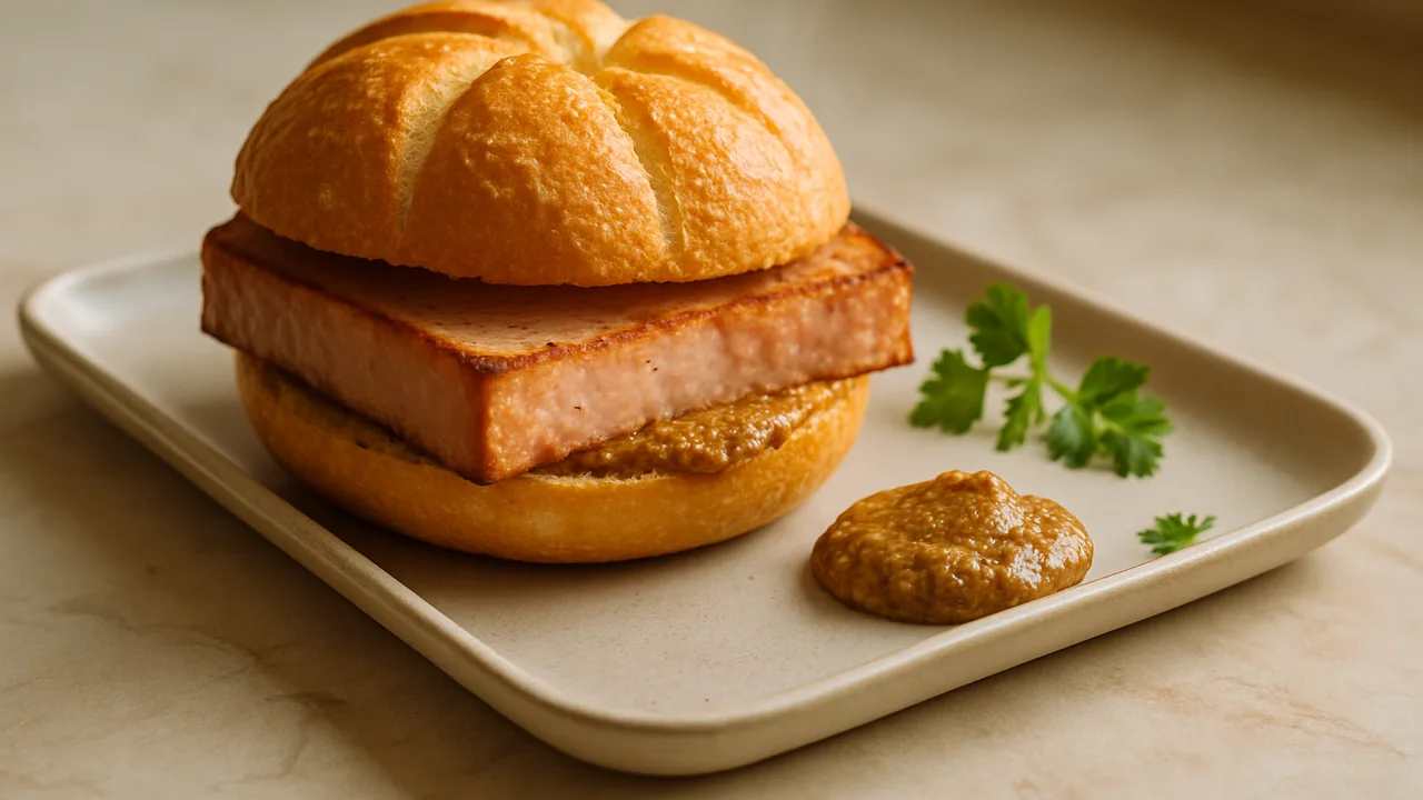 Leberkäsesemmel mit süßem Senf aus dem Airfryer mit Leberkäse und Brötchen, auf beigem Marmor angerichtet.