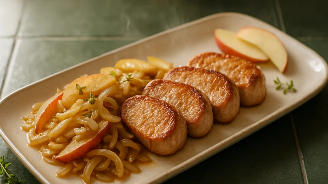 Lendchen mit Apfel-Zwiebel-Gemüse aus dem Airfryer mit Schweinefilet und Äpfel, auf dunkelgrünen Fliesen angerichtet.