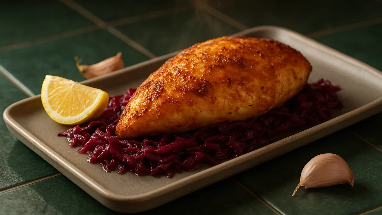 Levantinische Hähnchenbrust mit Rotkohl aus dem Airfryer mit Hähnchenbrustfilet und Zitrone, auf dunkelgrünen Fliesen …