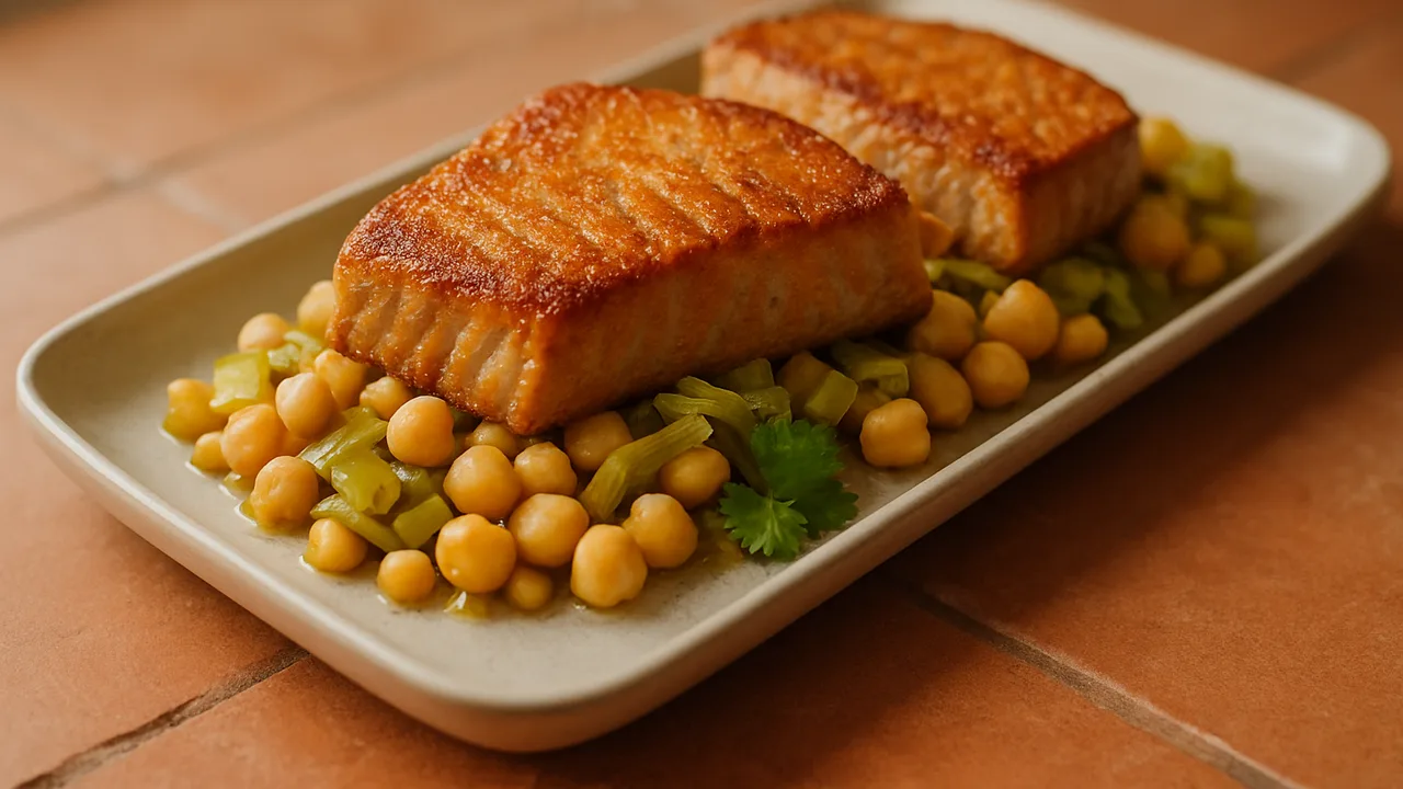 Levantinisch Thunfisch mit Lauch aus dem Airfryer mit Thunfisch-Steaks und Lauch, auf Terracotta-Fliesen angerichtet.