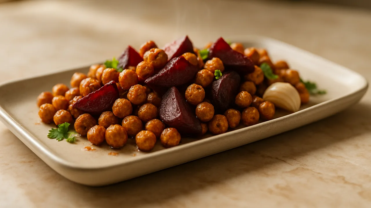 Levantinische Kichererbsen mit Rote Bete aus dem Airfryer mit Kichererbsen und Rote Bete, auf beigem Marmor angerichtet.