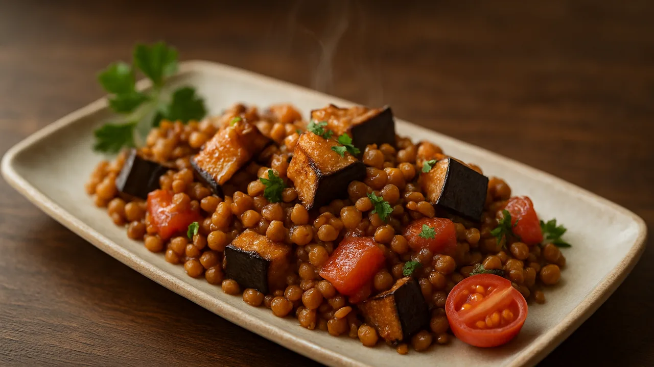 Linsen-Auberginen-Pfanne aus dem Airfryer mit Aubergine und Tomaten, auf dunklem Walnussholz angerichtet.