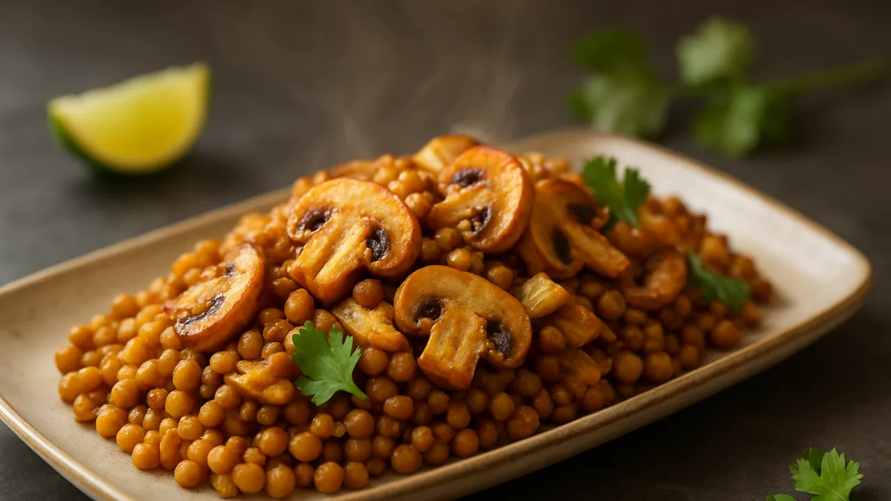 Thai-Linsen-Champignons-Pfanne aus dem Airfryer mit Linsen, gekocht und Champignons, auf dunklem Schiefer angerichtet.