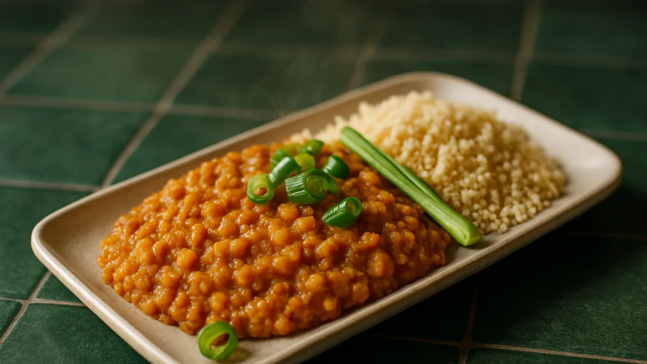 Linsen Curry mit Frühlingszwiebel und Couscous aus dem Airfryer mit Rote Linsen und Couscous, auf dunkelgrünen Fliesen …