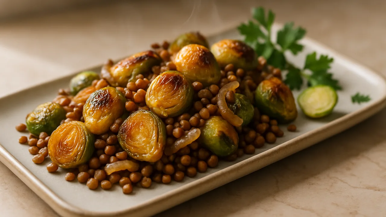 Linsen-Rosenkohl-Pfanne aus dem Airfryer mit Rosenkohl und vorgekochte Linsen, auf beigem Marmor angerichtet.
