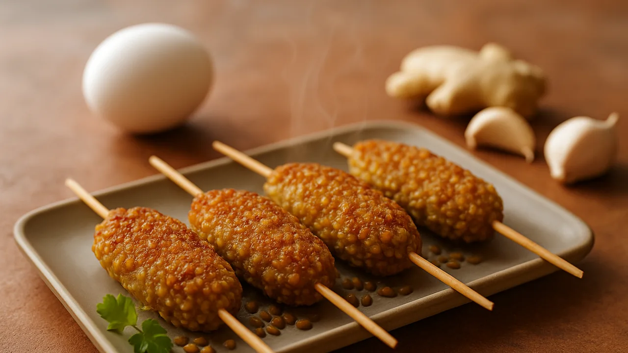 Linsen-Spieße mit Ingwer aus dem Airfryer mit gekochte Linsen und Ei, auf Terracotta-Fliesen angerichtet.