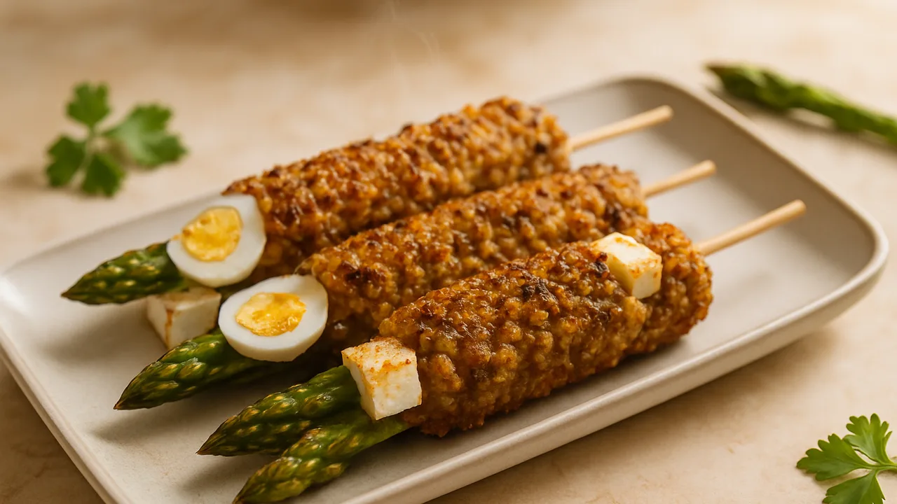 Linsen-Spieße mit Spargel aus dem Airfryer mit gekochte Linsen und Ei, auf beigem Marmor angerichtet.