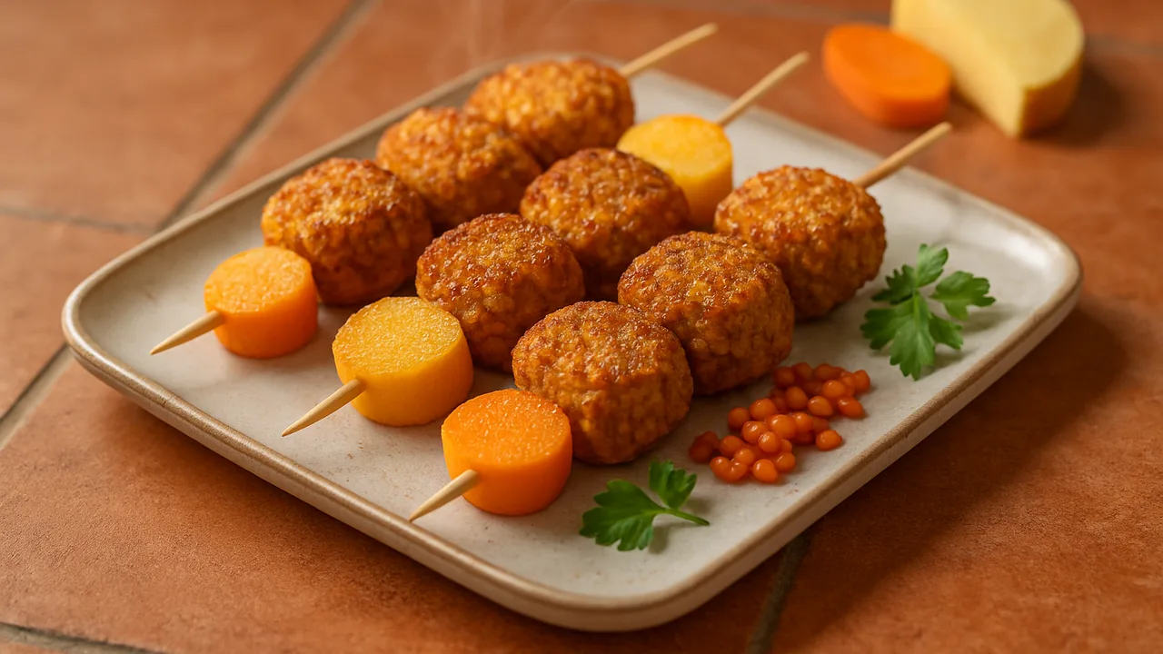 Linsen-Spieße mit Steckrübe aus dem Airfryer mit vorgekochte rote Linsen und Steckrübe, auf Terracotta-Fliesen angerichtet.