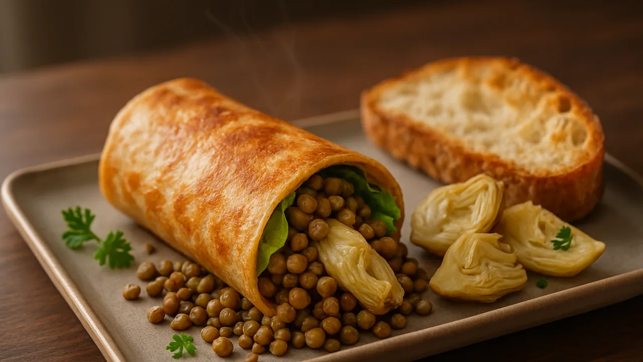 Linsen Wrap mit Artischocke und Brot aus dem Airfryer mit Linsen und Artischockenherzen, auf dunklem Walnussholz angerichtet.