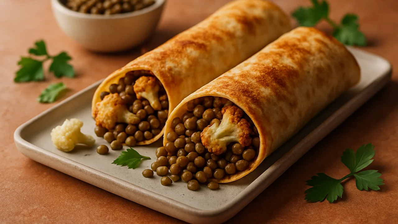 Linsen Wrap mit Blumenkohl und Tortilla-Wraps aus dem Airfryer mit gekochte Linsen und Blumenkohl, auf Terracotta-Fliesen …