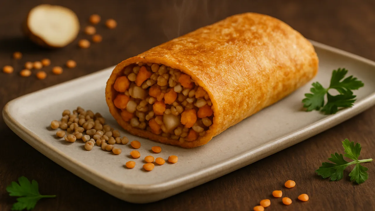 Linsen Wrap mit Topinambur und Buchweizen aus dem Airfryer mit rote Linsen und Topinambur, auf dunklem Walnussholz …