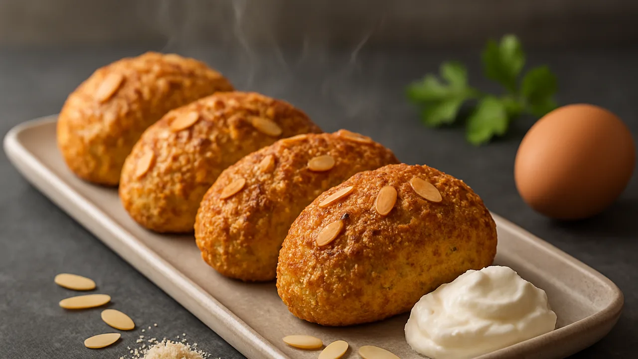 Low-Carb-Brötchen mit Mandeln und Frischkäse aus dem Airfryer mit gemahlene Mandeln und Frischkäse, auf dunklem Schiefer …